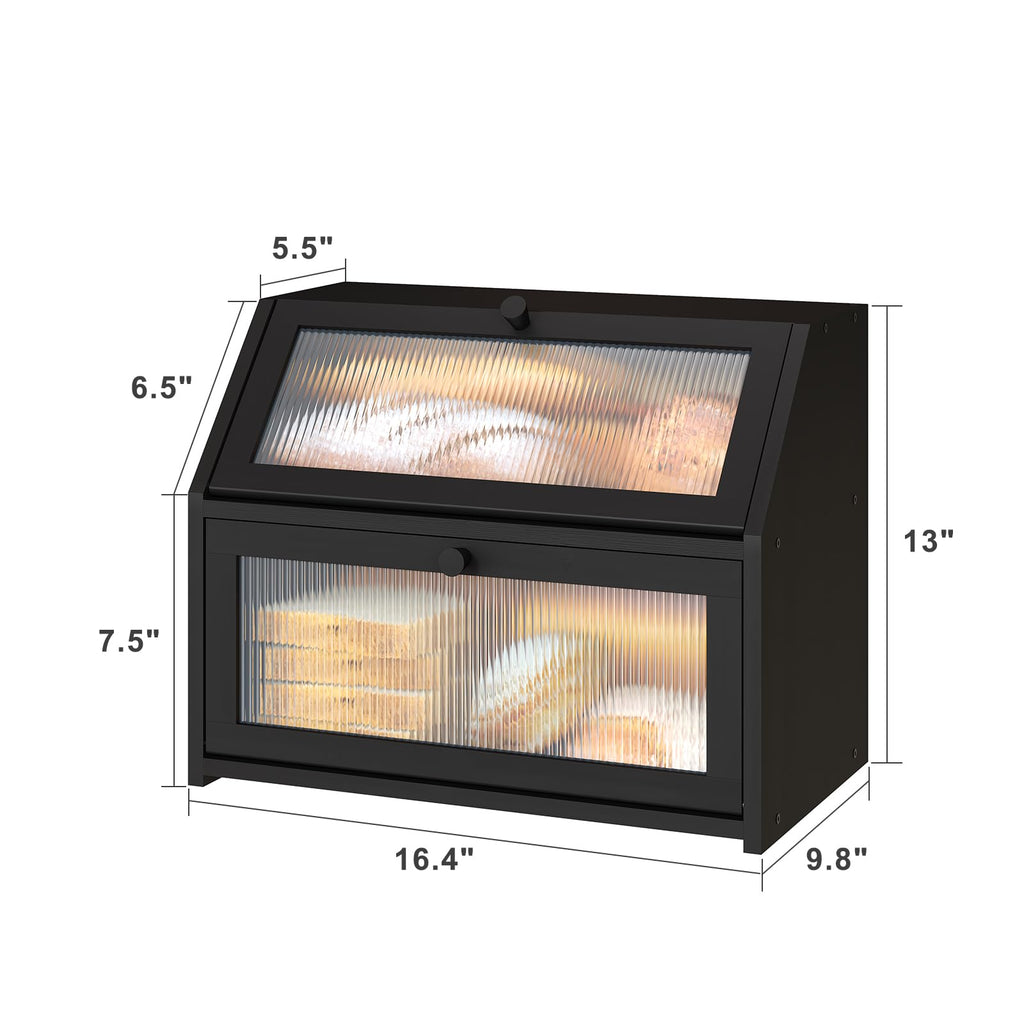 Black Counter, Large Bamboo Wood Double Layer, Wooden Bread Storage Capacity