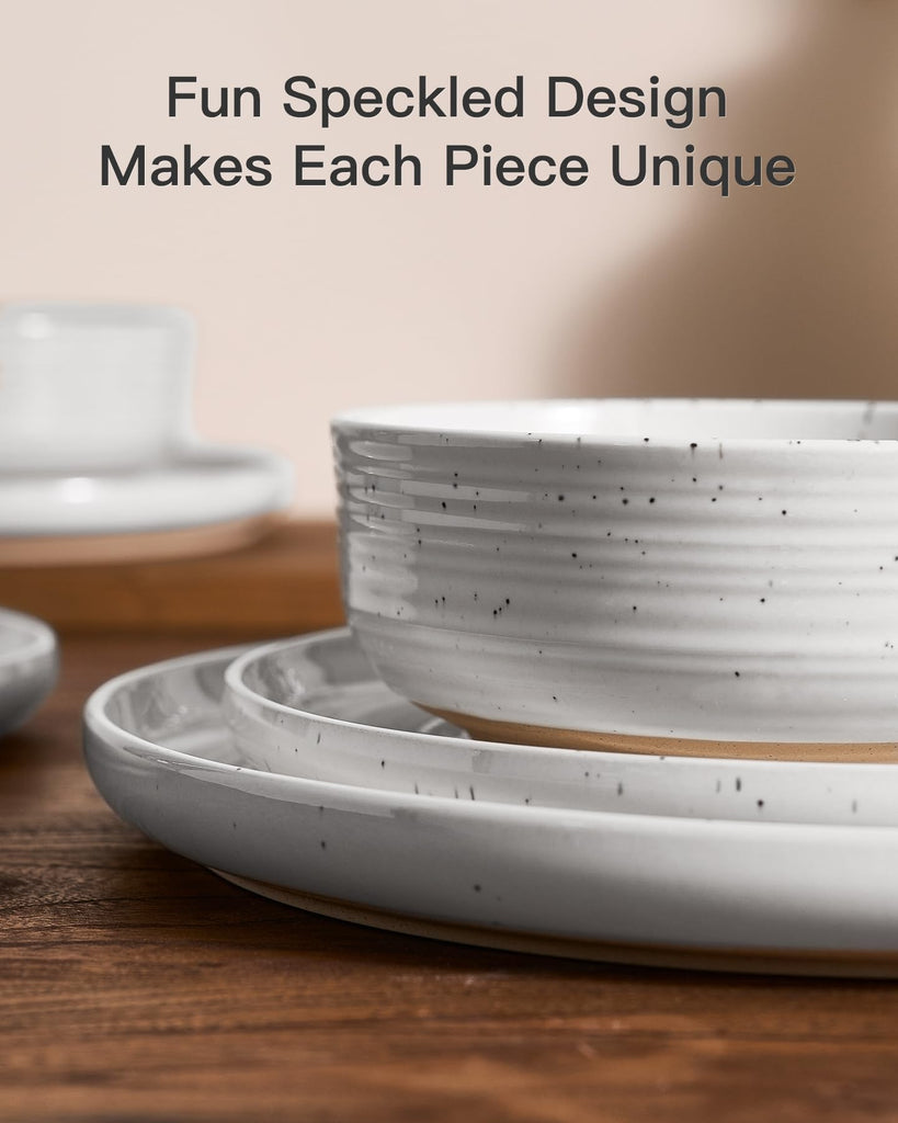 Stoneware Dinnerware Sets for 4, Coupe Plates & Bowls, White Reactive Glaze