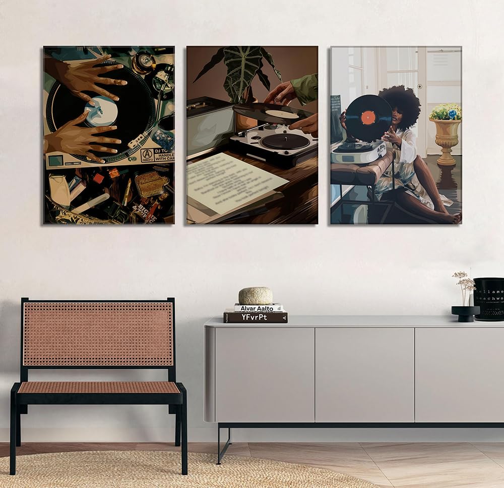 Black Girl Wall Art Decor Modern Black Woman Painting Prints, Set of 3 African American Music Record Player Poster