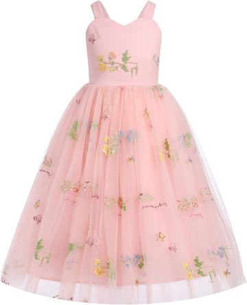 Floral Embroidered Tulle Dress Girls Sleeveless Spaghetti Straps Formal Birthday Wedding Pageant Party Tulle Dresses