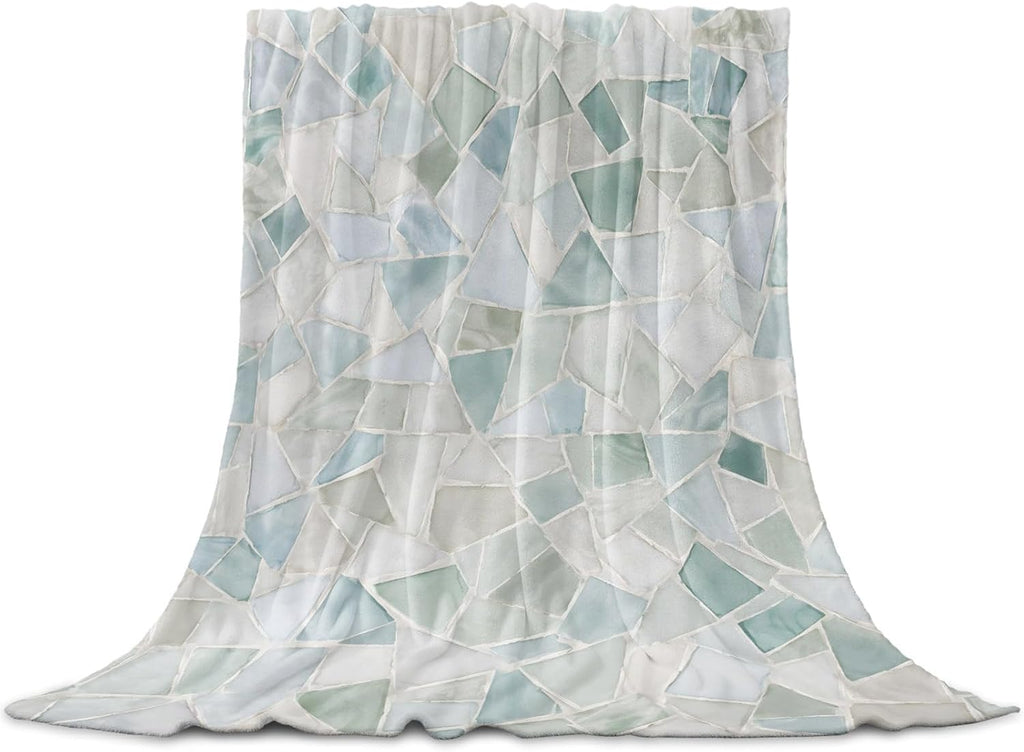 Vintage Stone Print Throw Blanket Boho Coastal Teal Mosaic Texture Flannel Cozy Soft Warm Fleece Blankets, 50 x 60 inch