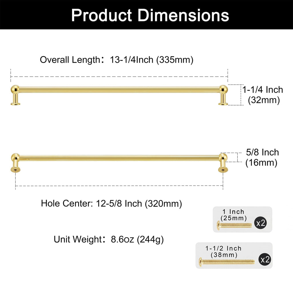 2-Pack Long Unlacquered Brass Cabinet Pulls, 12-5/8" Hole Center