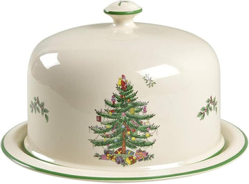 Christmas Tree 2 Piece Serving Platter with Dome Set - Ceramic Holiday Serving Tray for Cakes, Desserts, Side Dishes