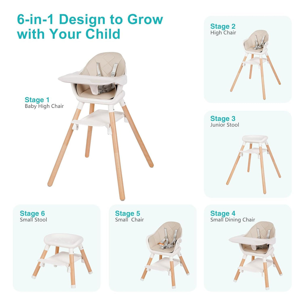 High Chair, 6 in 1 Wooden Convertible High Chairs for Babies and Toddlers, Booster Seat with Double Tray & Reversible