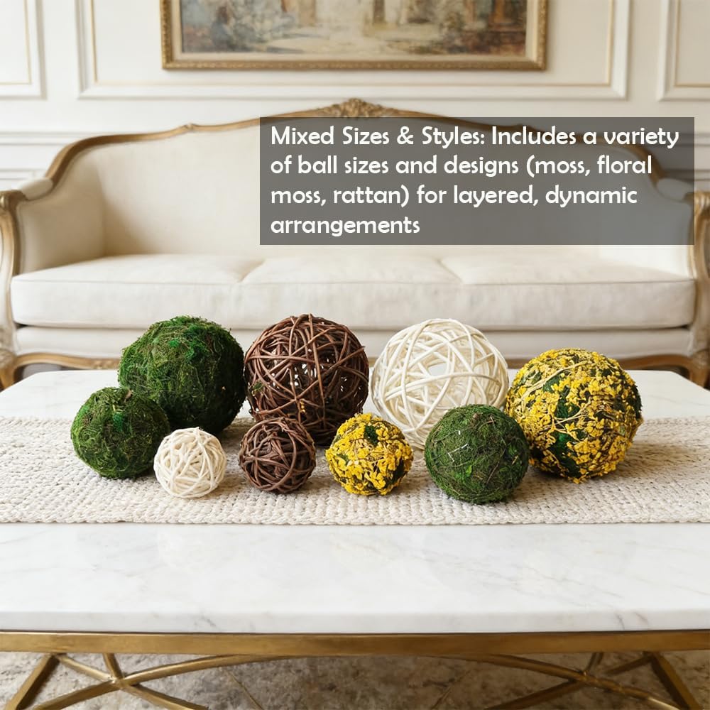 Decorative Balls for Bowls, Mixed Moss Balls, Rattan Wicker Orbs & Dried Floral Sphere Bowl Fillers Decor Table - Set of 18