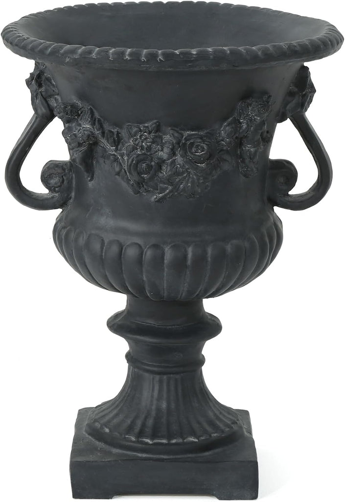 Antique Black Outdoor Urn Planter, Magnesium Oxide Large Urn Planter Outdoor with Drainage Hole, Elegant Vintage Style