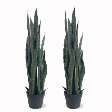 Fake Snake Plant 3ft Tall (2 Pack) - 35" Artificial Sansevieria with 24 Leaves & Green Edges, UV Resistant Faux