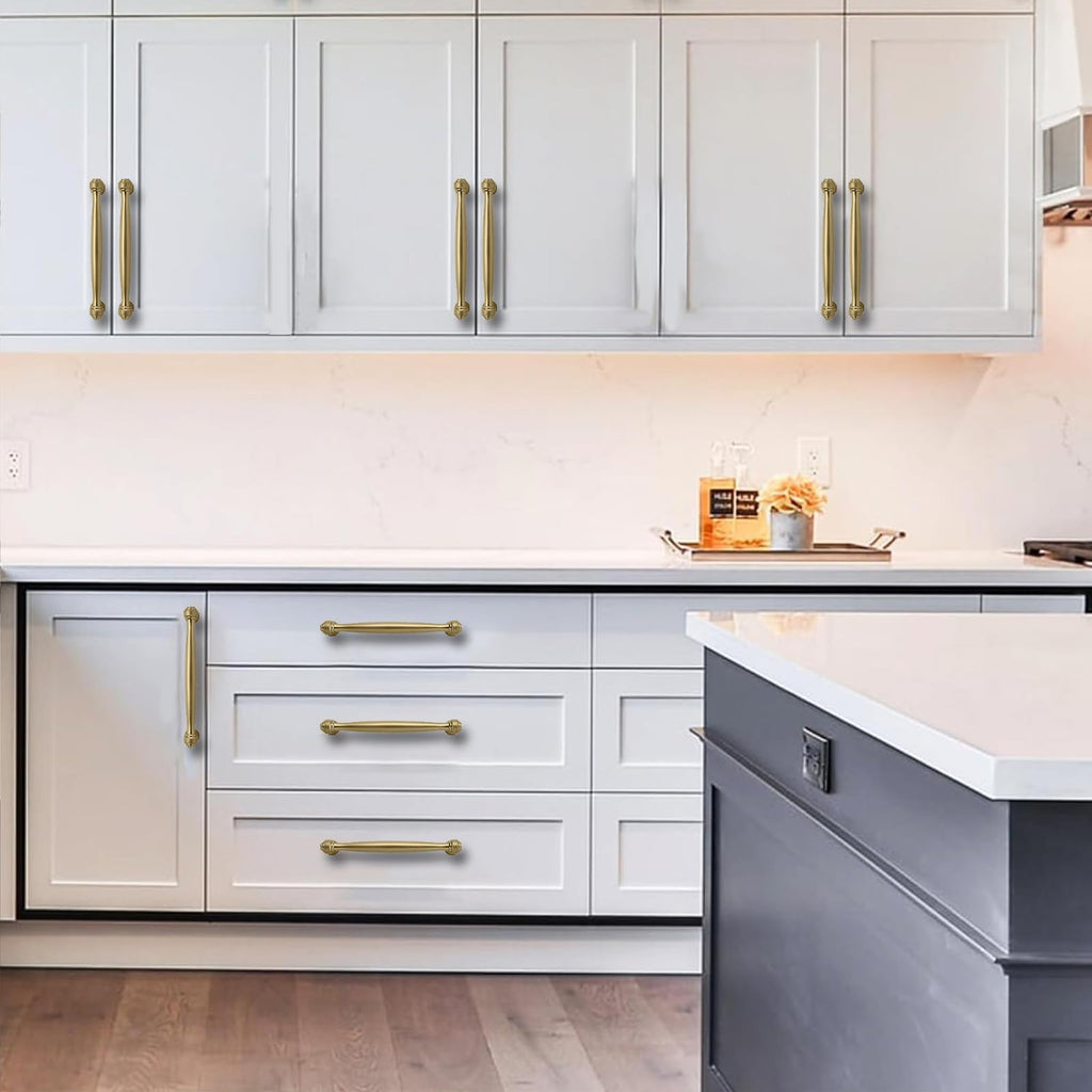 10 Pack 3-3/4inch(96mm) Center to Center Brushed Brass Cabinet Pulls Satin Brass Handles for Cabinets Cupboard Solid