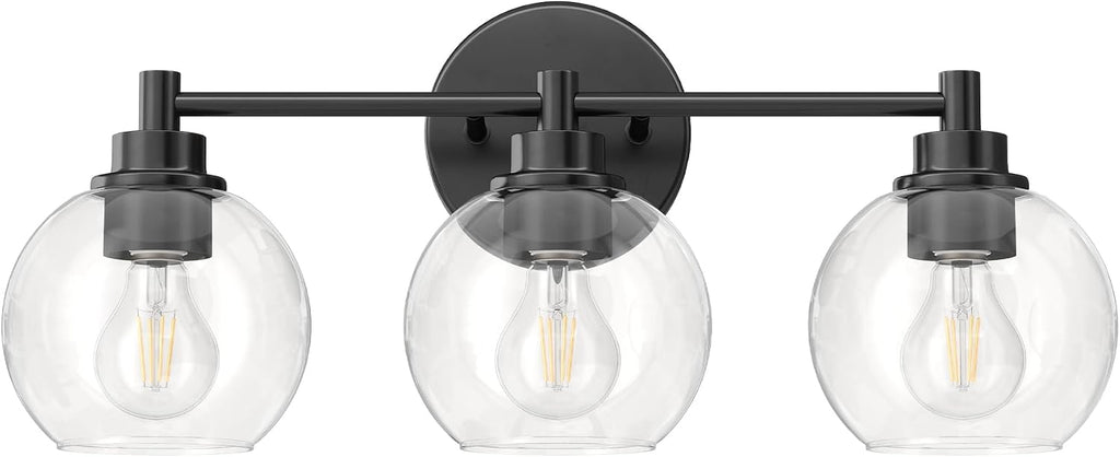 3 Light Bathroom Vanity Light Fixtures, Black Finish | Globe Glass Shades, E26 Sockets, Easy to install, Vanity