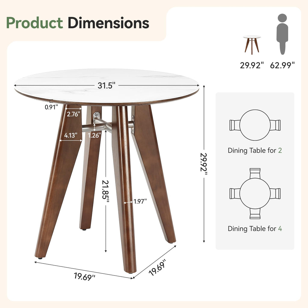 31.5" Round Dining Table, Modern Sintered Stone Kitchen Table with Solid Wood Legs, Small Space, Glossy White & Brown