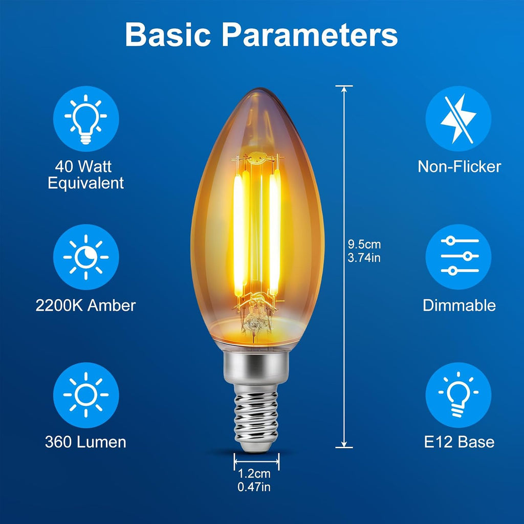 E12 Dimmable Amber LED Light Bulbs, 40 Watt Equivalent, C35 Candelabra Base, 2200K Warm Light, 30000LM, 2 Pack