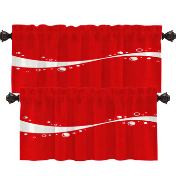 Classic Red Blackout Short Curtains for Windows, White Ribbons Wave Kitchen Valance Thermal Insulated Rod Pocket