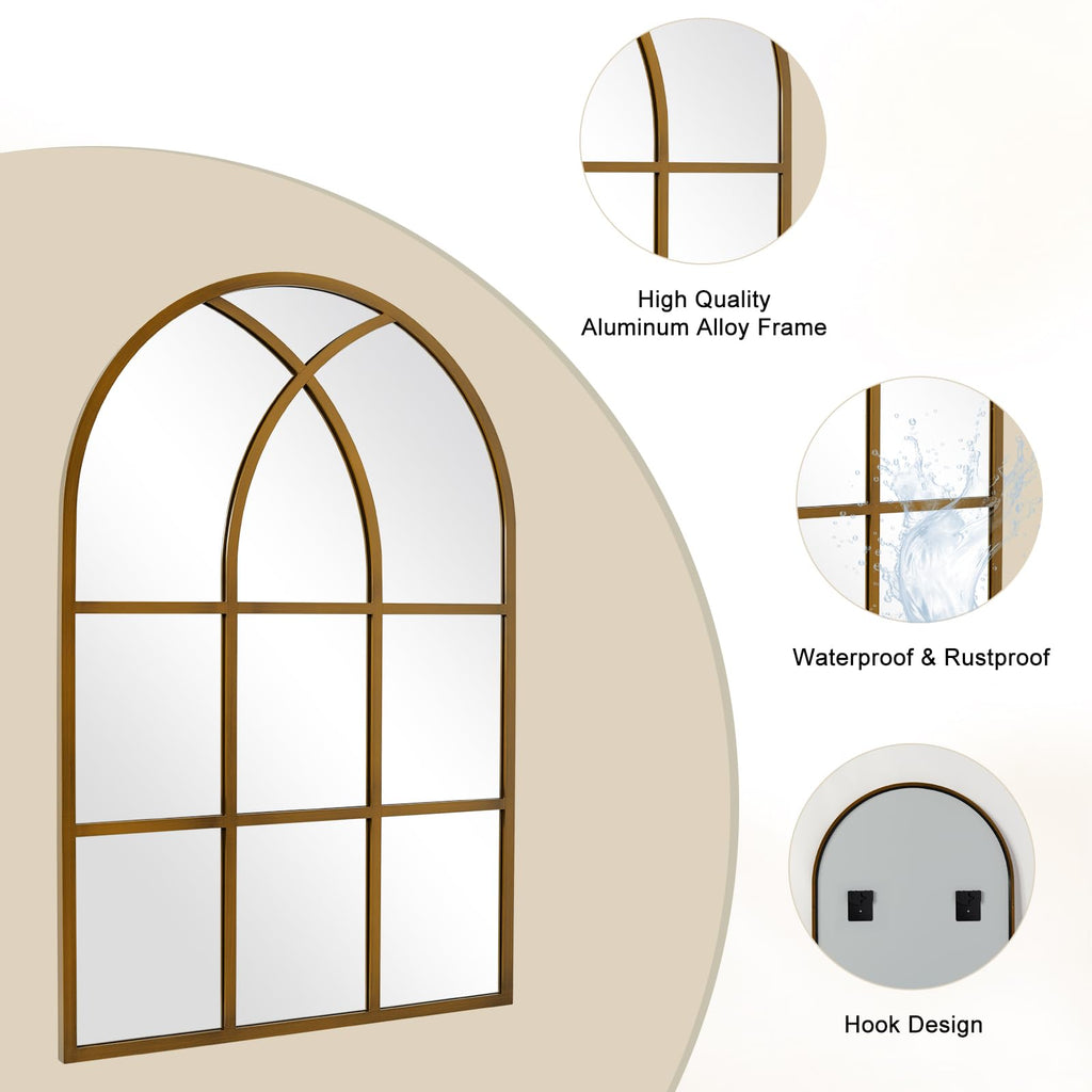 Arched Window pane Wall Mirror 30"x48", Window Shaped Farmhouse Style with Aluminum Frame, Decorative Wall Mirror