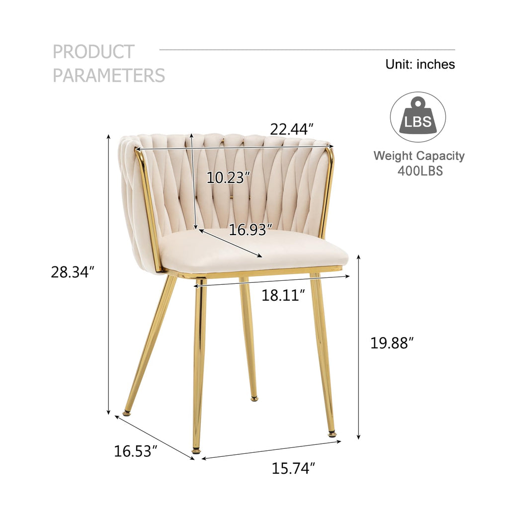 Velvet Dining Chairs Set of 2, Modern Upholstered Woven Dining Chairs with Gold Metal Legs, Modern Accent Chairs
