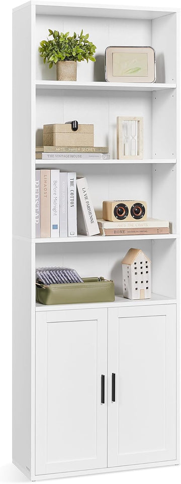 Bookshelf, 6-Tier Tall Bookcase, Book Shelf with Doors, Open Storage Shelf
