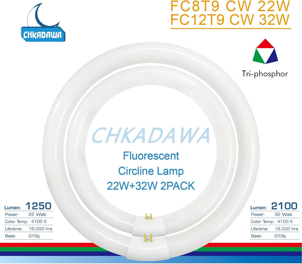 22W and FC12T9/CW 32W Cool White Round Fluorescent Light Bulb Set, 8 inch T9 22 Watts & 12 inch 32 Watts