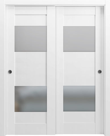 Sete 6222 Bypass Interior Doors with Frosted Glass, MDF, 84x80, White, Modern Style Hardware Include