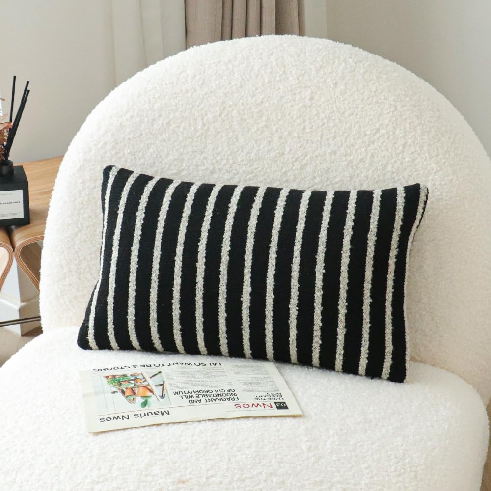 Black Striped Lumbar Boho Throw Pillow Cover, Modern Boucle Textured Rectangle Pillowcase for Sofa Couch Bed, Neutral