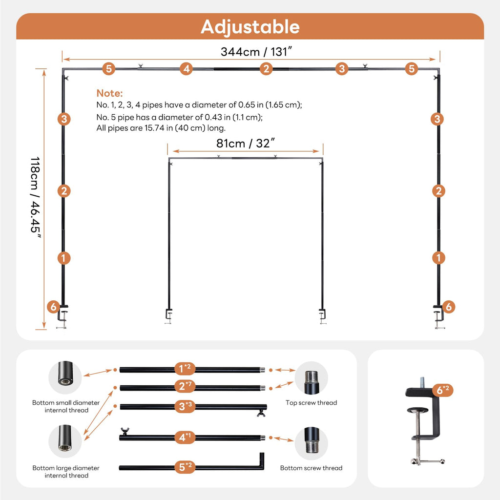 Over The Table Rod Stand with Clamps, Adjustable 32''-79'' Tall 32"-131" Length, Black Table Arch Stand Metal Balloon