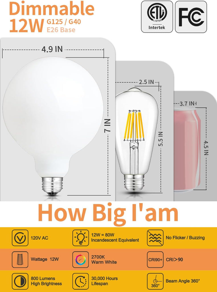 12W Dimmable G125/G40 LED Globe Light Bulb, 2700K Warm White, E26