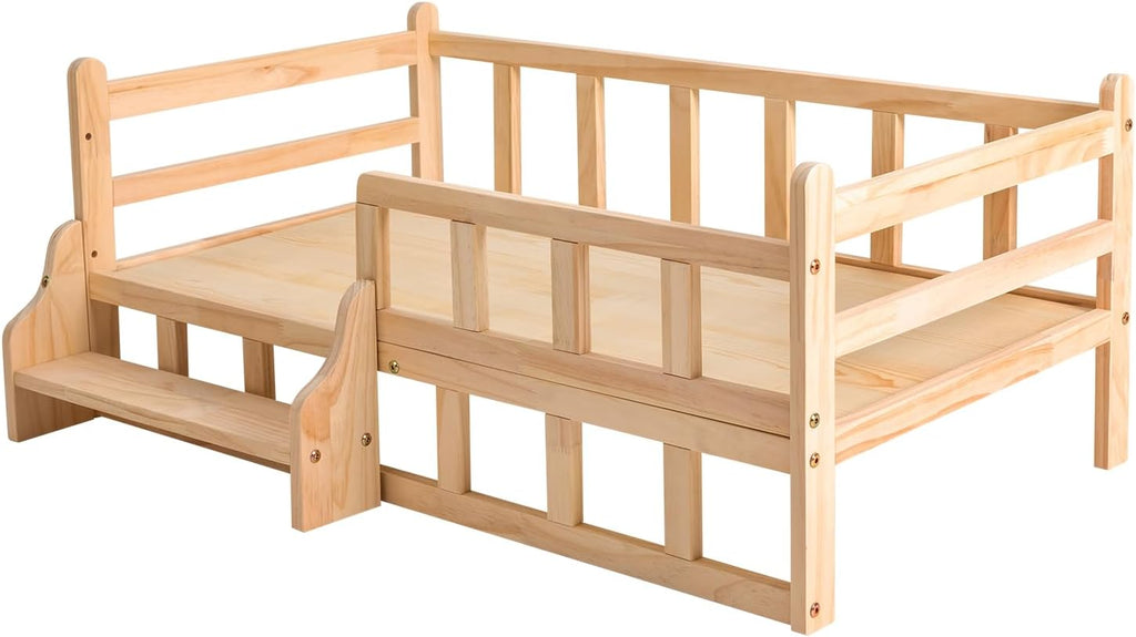 Pine Wood Pet Bed with Staircase, Wooden Dog Bed Frame w/Surrounding Fence, Elevated Dog Bed for Dogs Cats, Load 66lbs
