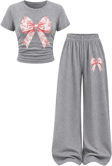 Teen Girl Clothes Bow Graphic Short Sleeve T-Shirt Top+Wide Leg Pants 2 Piece Outfit Set