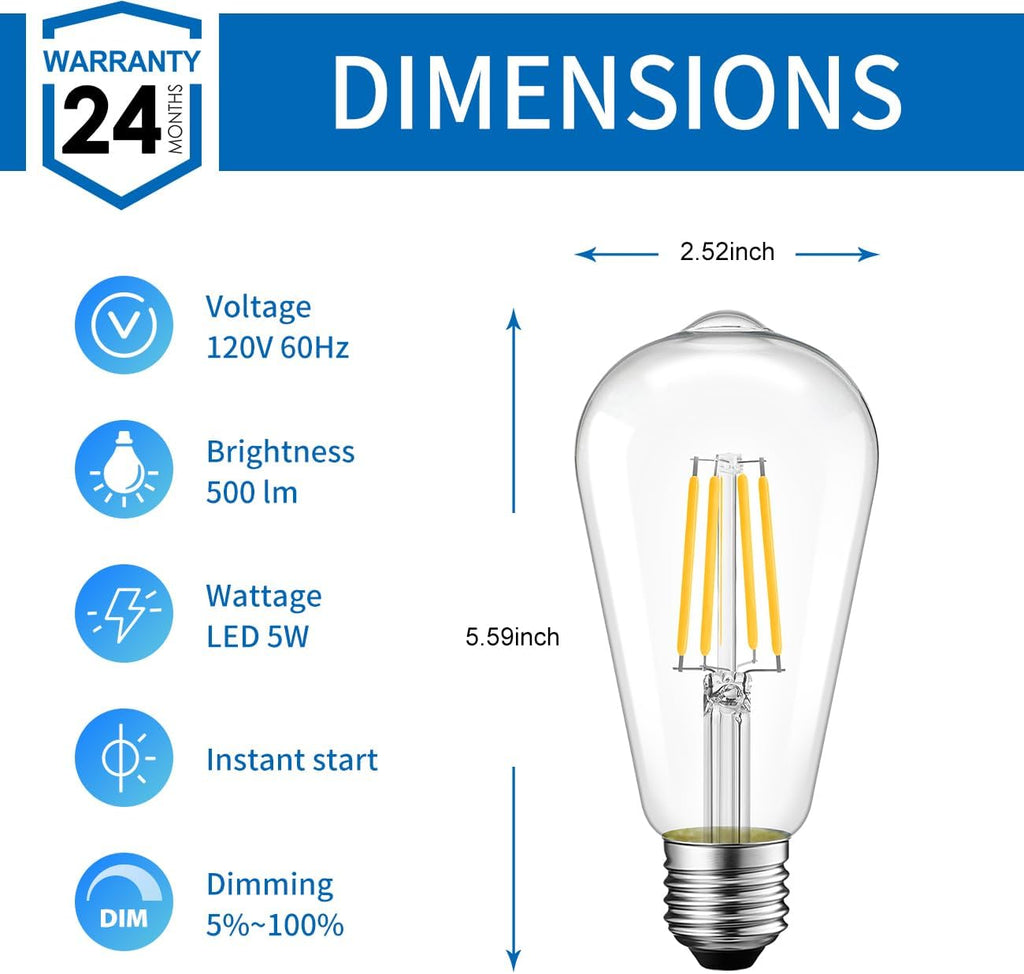 Clear ST21 LED Edison Light Bulb 5W=60W 500LM 2700K Warm White Bulb