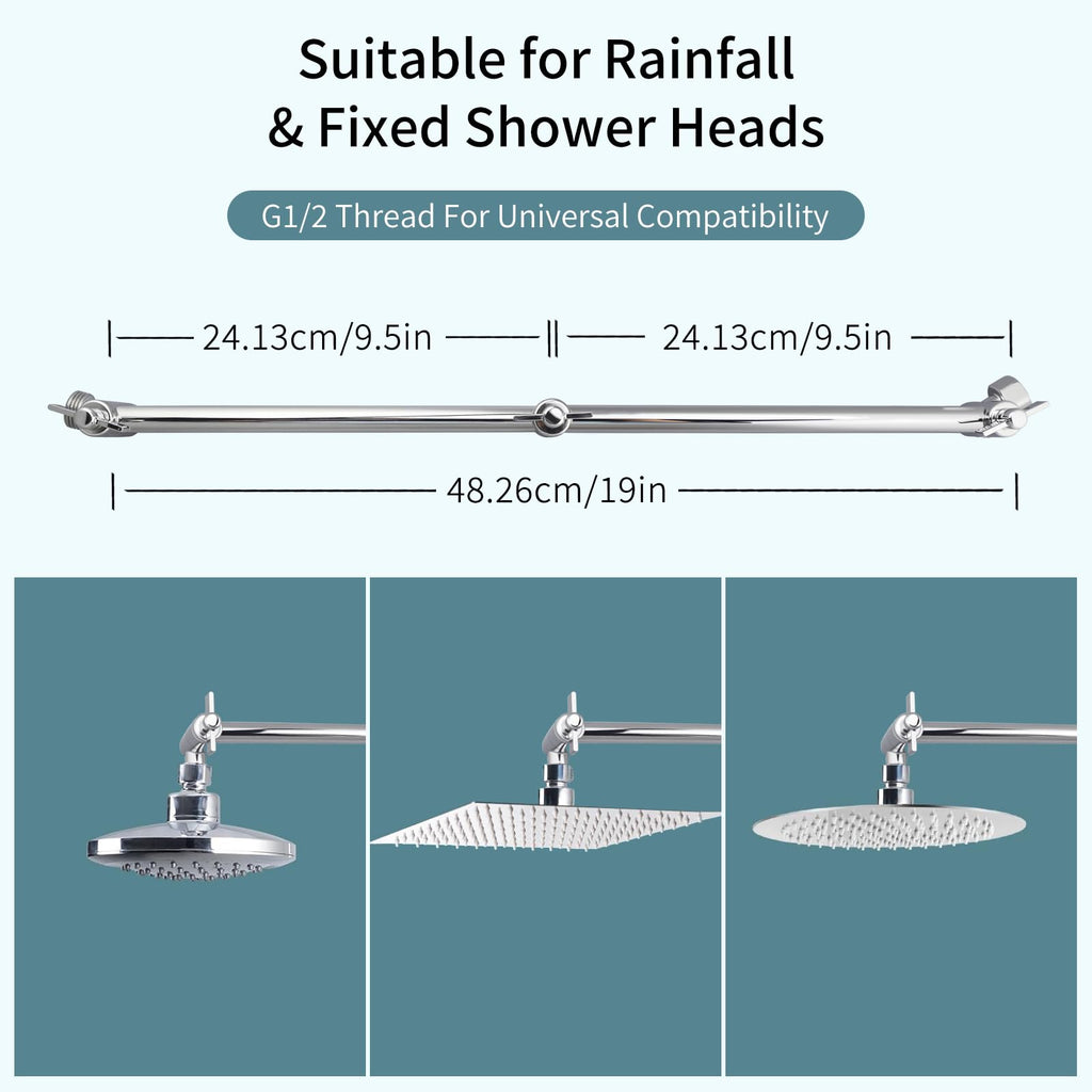 19 Inch Shower Head Extension Arm, G1/2 Universal Thread, Chrome