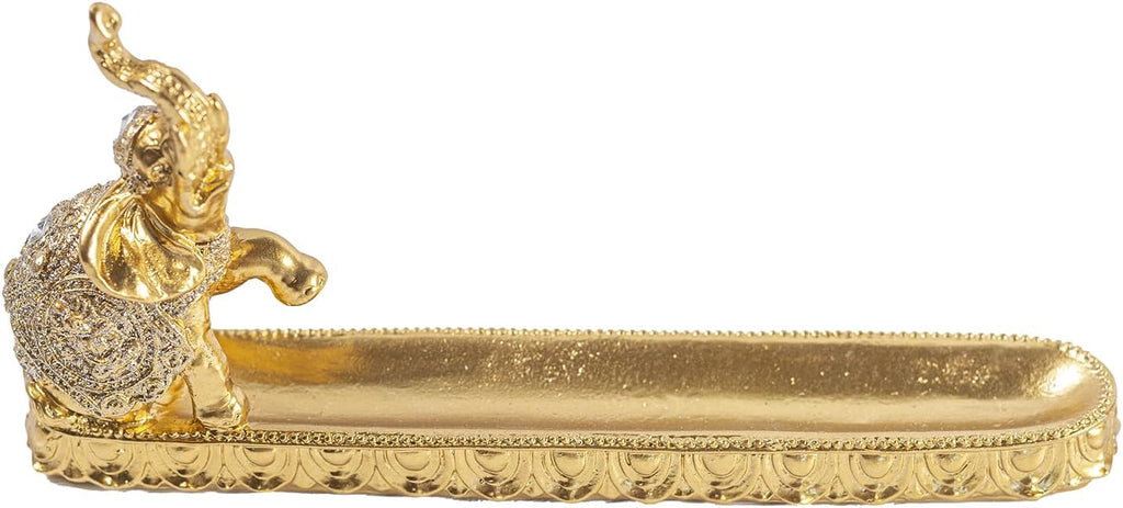 Gold Elephant Incense Holder, Resin Feng Shui Statue Ash Catcher Tray, 9.45In