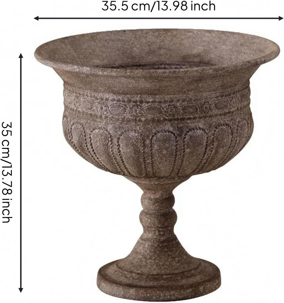 Outdoor Trophy Vase Traditional Urn Planter Pedestal Flower Pot with Textured Surface Iron Construction Wide Opening