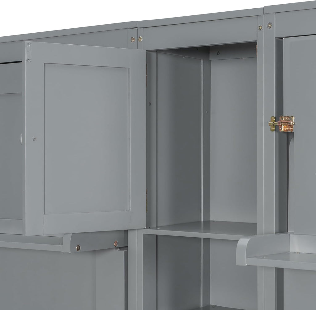 Dual Twin Murphy Beds with Storage Shelves and Cabinets, Pine Wood Space-Saving Hideaway Double Murphy Wall Beds with