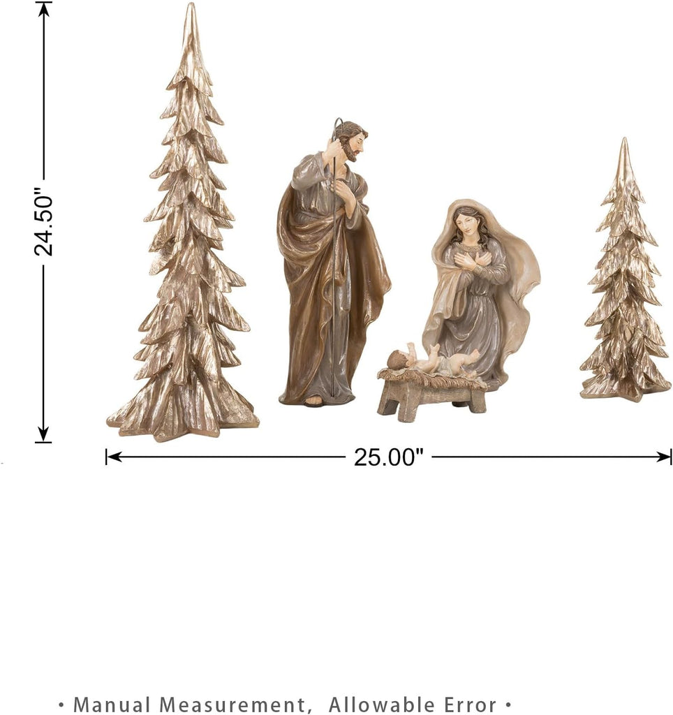 5-Piece Resin Nativity Set, Brown Resin Holy Family with Christmas Trees, Nativity Figurines Sets for Christmas