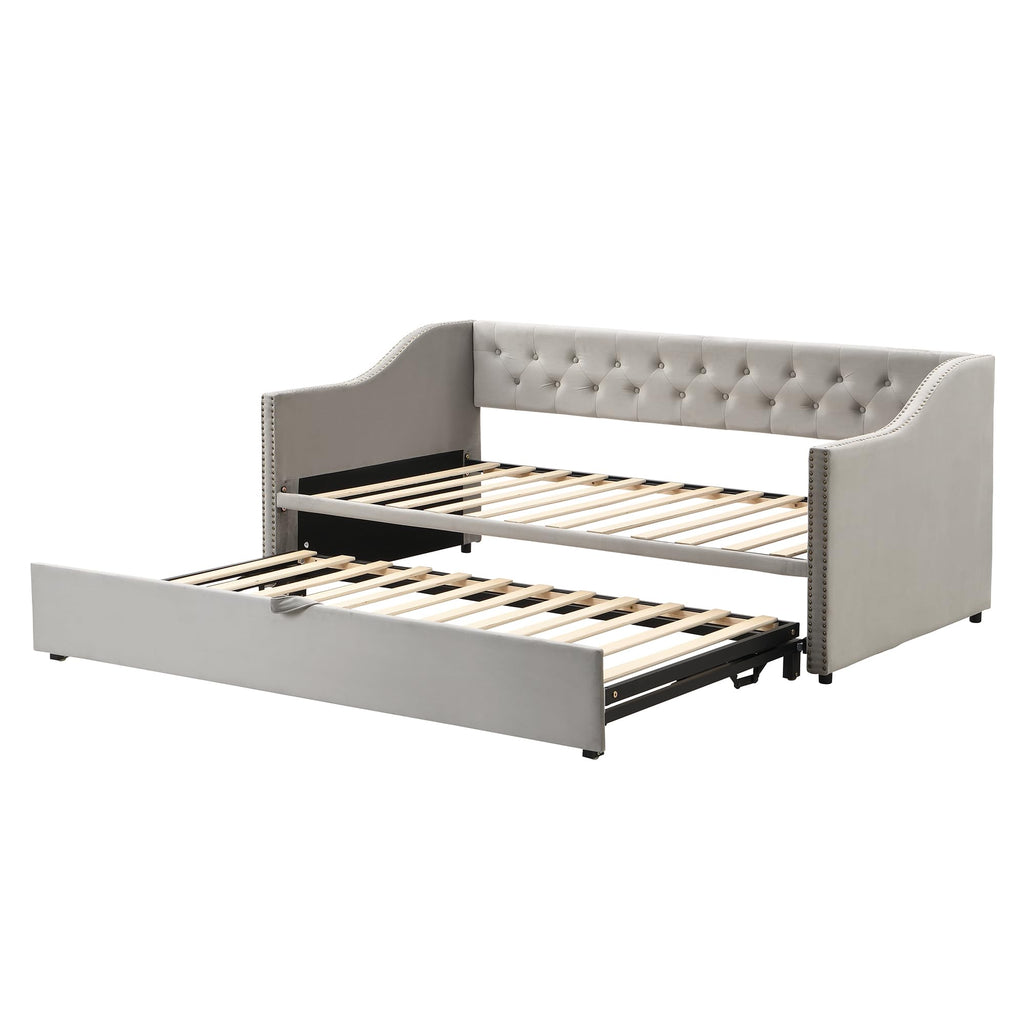 Twin Size Upholstered Daybed with Pop up Trundle, Velvet Day Bed Frame with Extendable Trundle, Twin to King