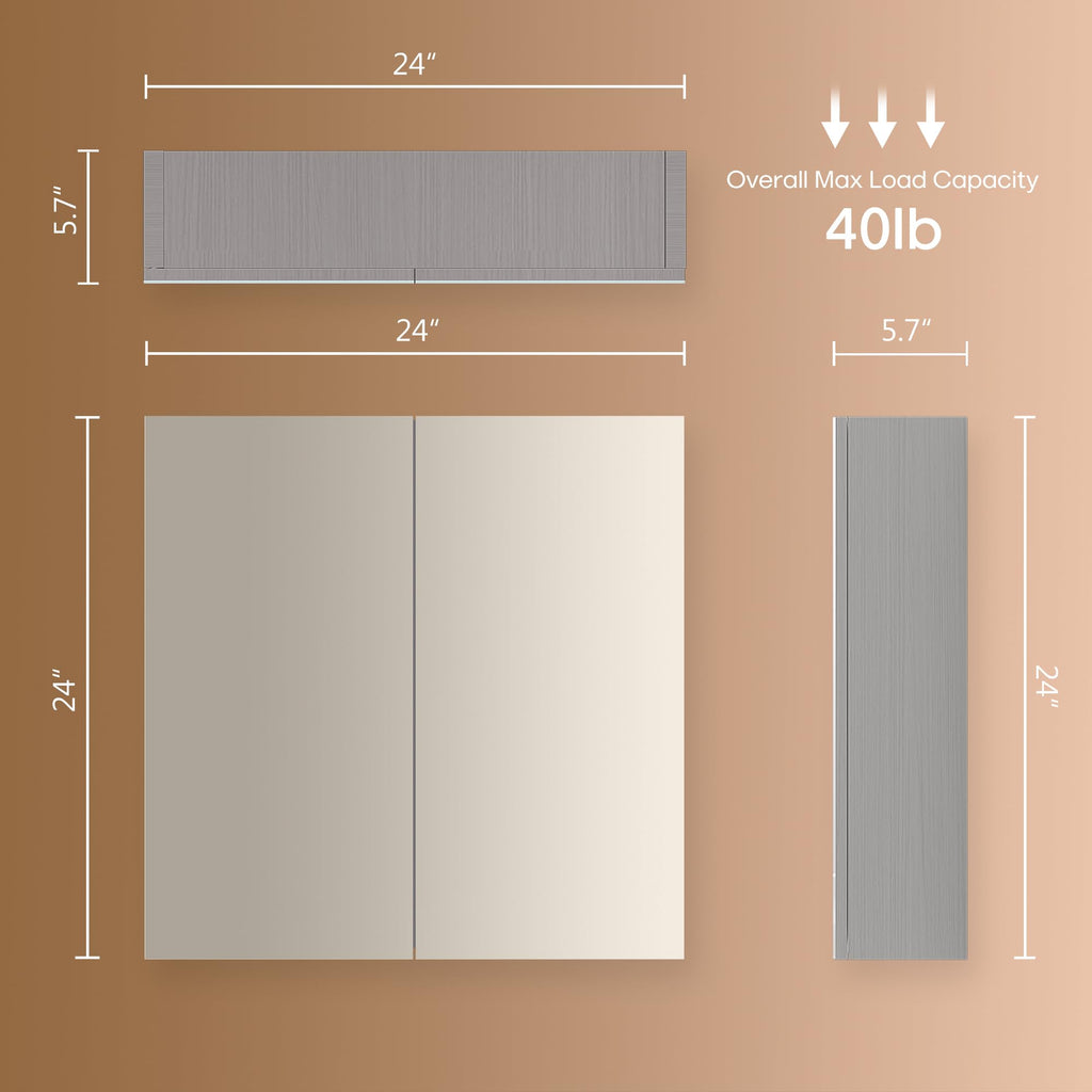 Reflexon 24x24 inch Bathroom Wall Cabinet, Storage Cabinet, Medicine Cabinet with 2 Door and Adjustable Shelves, Grey