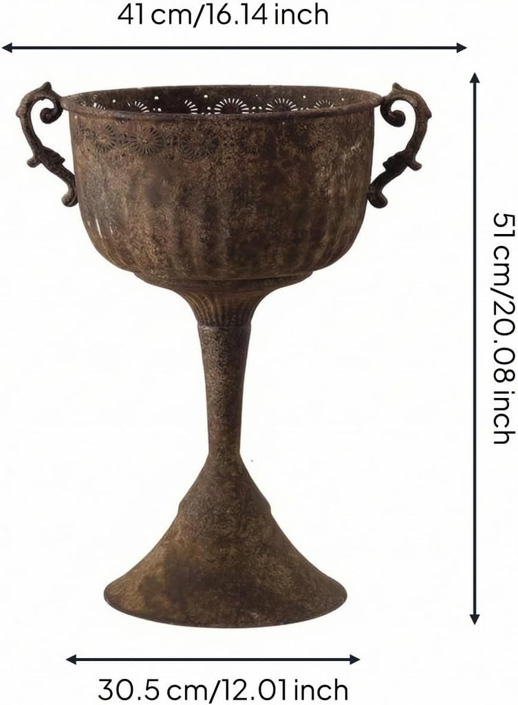Outdoor Trophy Planter Urn Planter Garden Urn Pedestal Planter Pedestal Vase Iron Vessel With Weathered Brown Texture