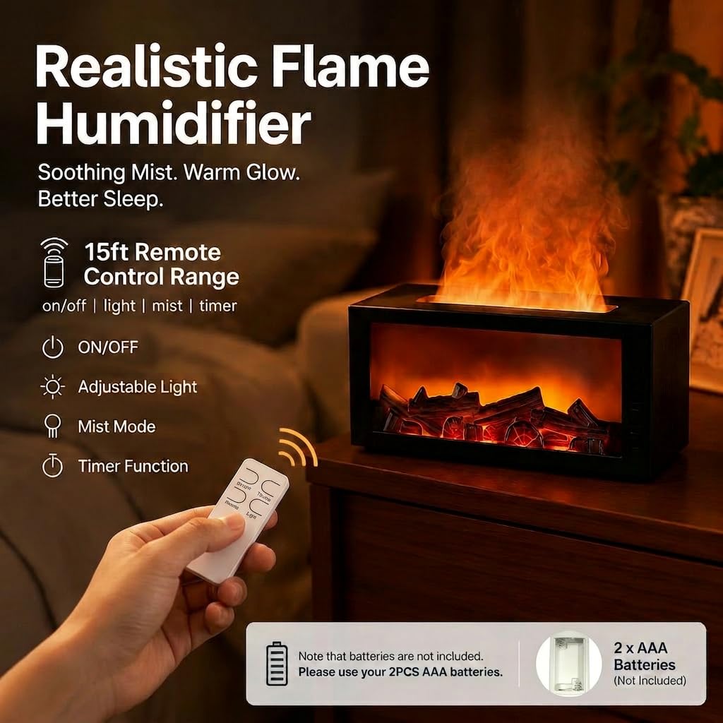300ml Fireplace Flame Aromatherapy Diffuser Remote Timer 7 Color LED