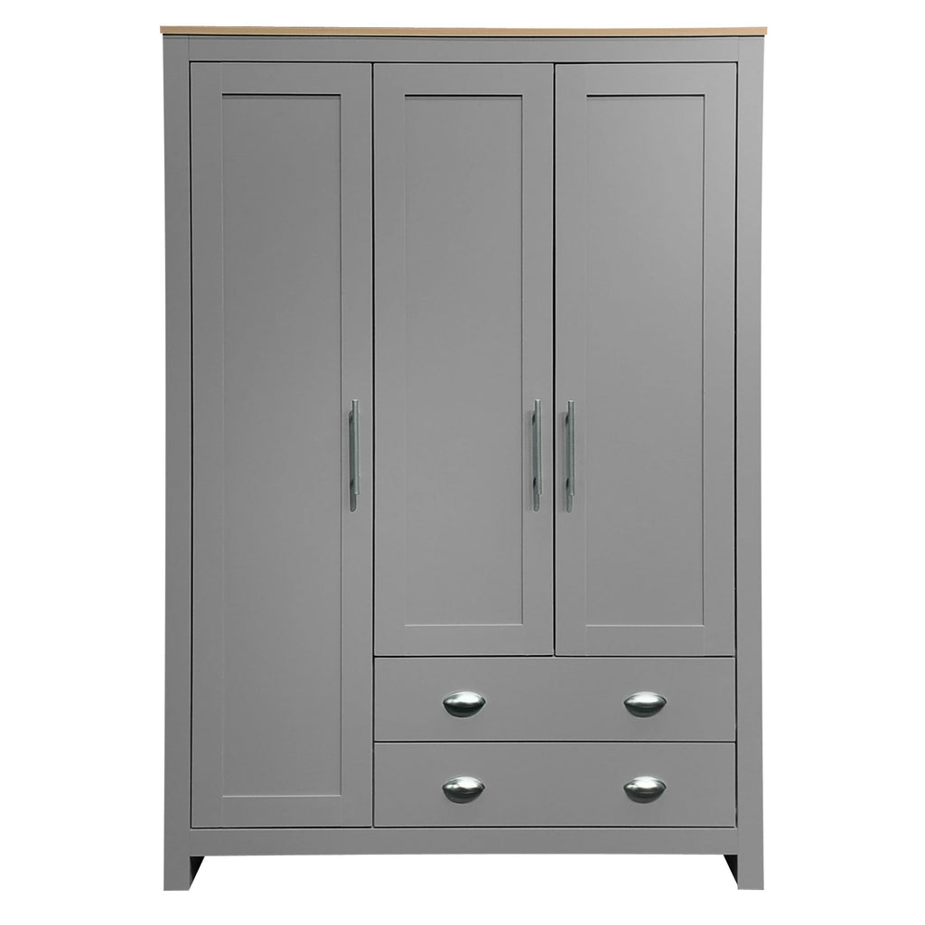 3 Doors Armoire Wardrobe Closet with 2 Drawers, 67.9" H Wooden Closet Wardrobe Cabinet with 2 Hanging Rods and