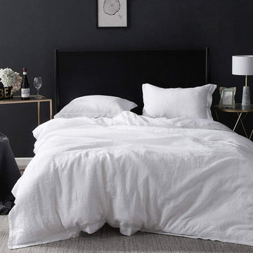100% Linen Duvet Cover Set with Embroidery Border Washed - 3 Pieces (1 Duvet Cover with 2 Pillow Shams) with Button
