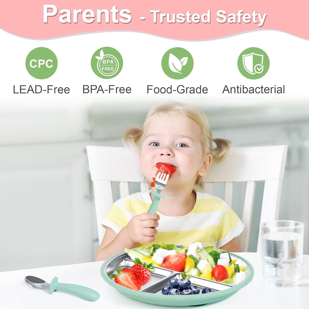 Feeding Set, 2 Pack Stainless Steel Divided Plate with Silicone Suction, 2 Set Spoons and Forks, BPA Free, Dishwasher