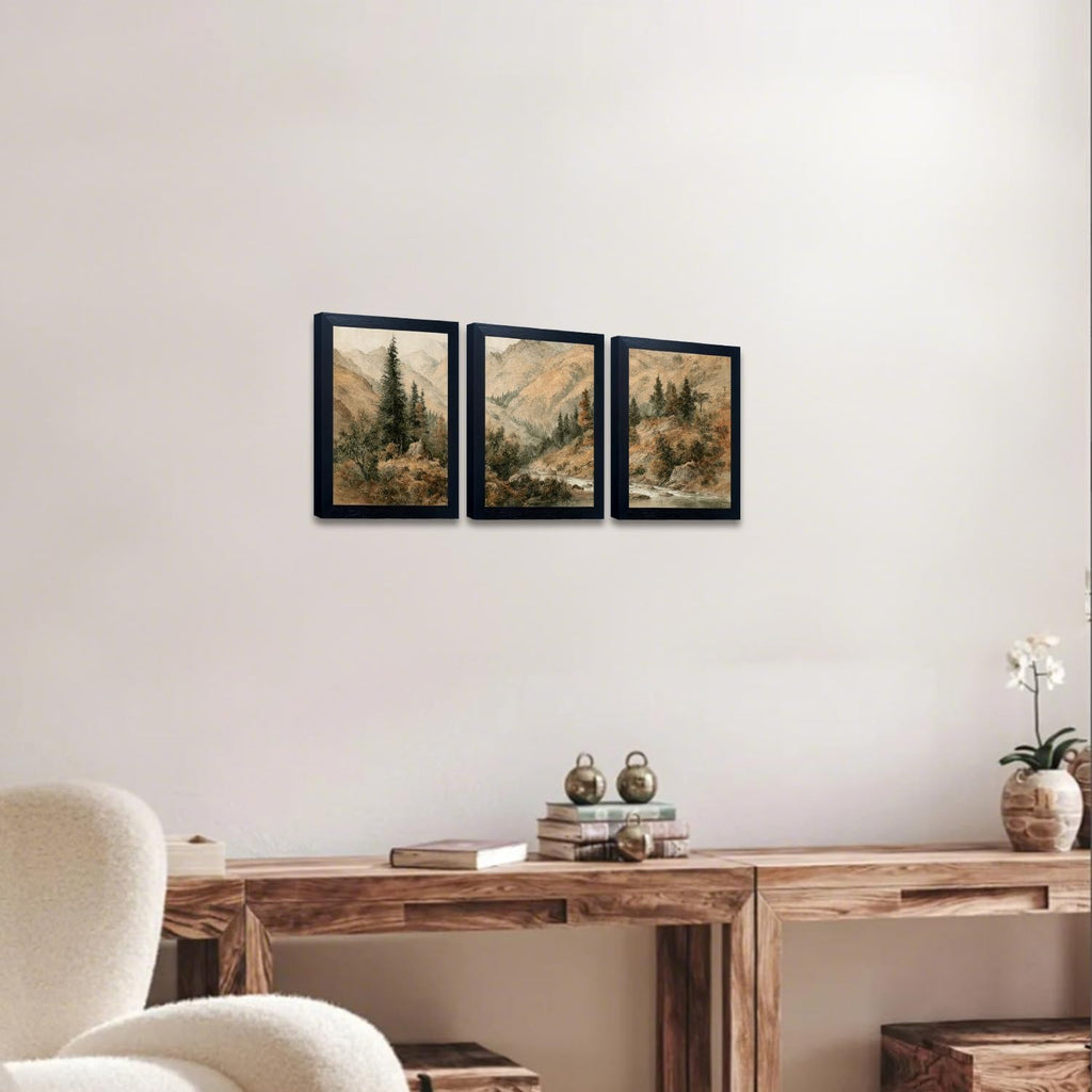 Framed Landscape Mountain Painting Autumn Forest Wall Art 3 Piece Nature Canvas Print Vintage Fall Picture Artwork