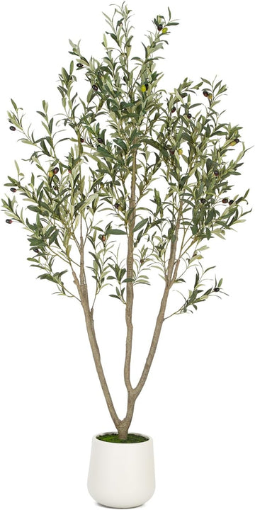 Olive Trees Artificial Indoor, 6FT Tall Faux Olive Tree with White Tall Planter, Artificial Plants with Natural Wood