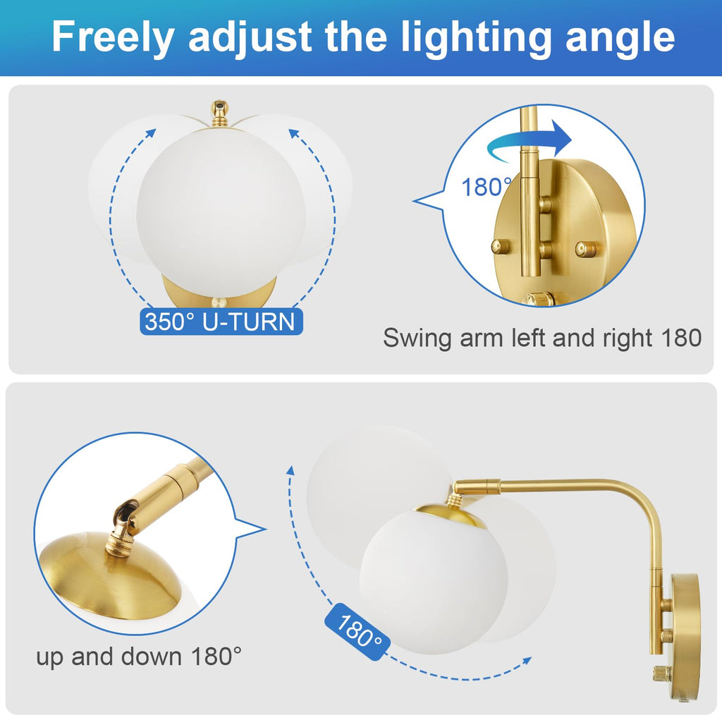 Dimmable Wall Sconces Plug in, Swing Arm Wall Lights with Plug in Cord and Dimmer On/Off Knob Switch, Dimmable Wall