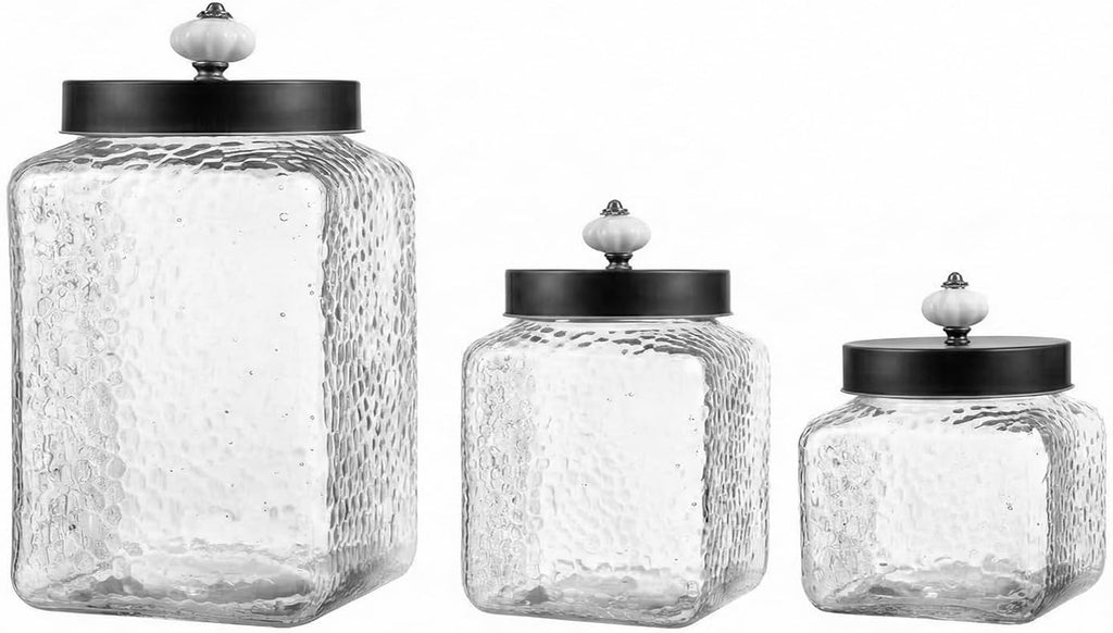 Clear Glass Kitchen Canisters Square Hammered, , 43/64/75oz - Set of 3