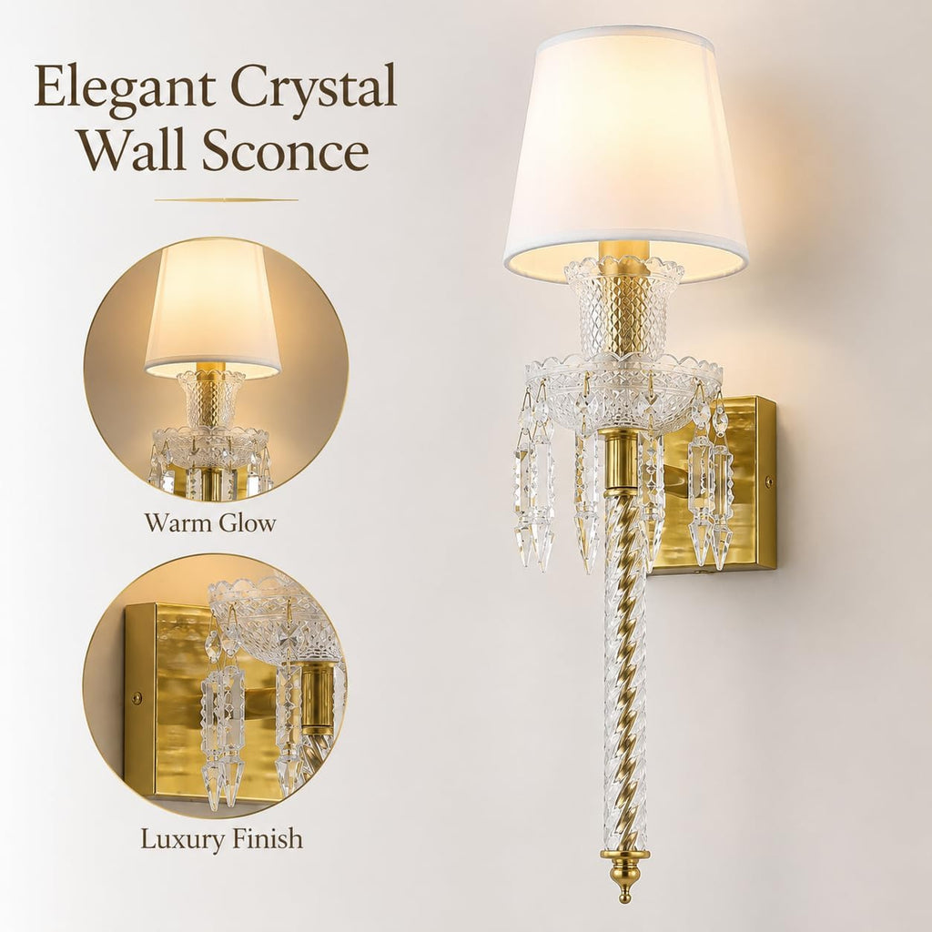Modern Crystal Wall Sconce with Linen Shade Vintage Crystal Gold Wall Light Modern Glass Golden Wall Lamp for