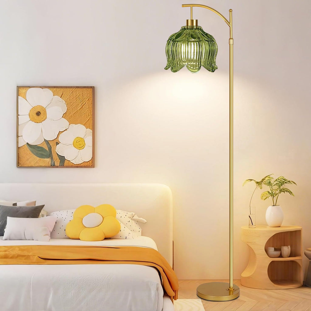 Glass Floor Lamp,Gold Dimmable Standing Lamp with Remote,Mid Century Modern Brass Tall Lamp Boho Vintage Floor Lamps