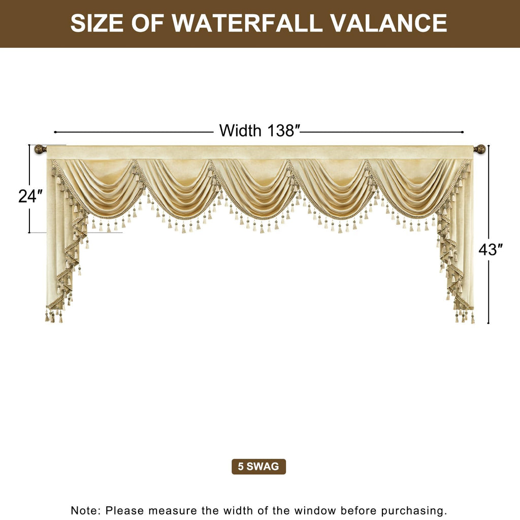 Velvet Waterfall Swag Valance, Retro Luxury Curtain Topper with Tassel Trim, Decorative Window Treatment for