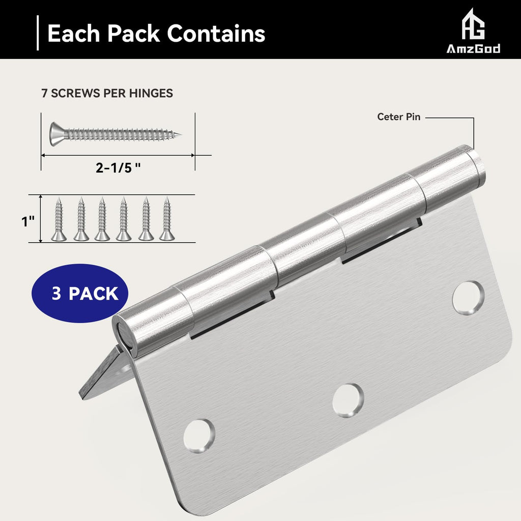 Door Hinges Brushed Nickel - 3 Pack 3.5 Inch Rounded Interior Satin Nickel with 1/4" Radius Corners - 3 1/2 Inches