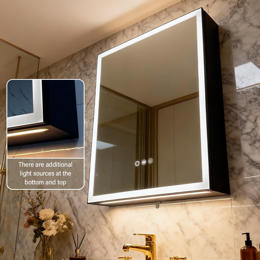 Aluminum Medicine Cabinet with Light,Stepless Glass Shelf,3 Colors Temperature,Dimmer,Backlit Lighting,Internal