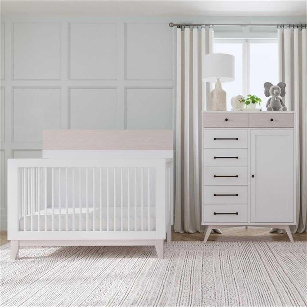 Modern Wood Convertible Crib, Ash Linen White Finish, 48" H x 56" W x 30.5" D, Three Height Adjustments, Steel Spring