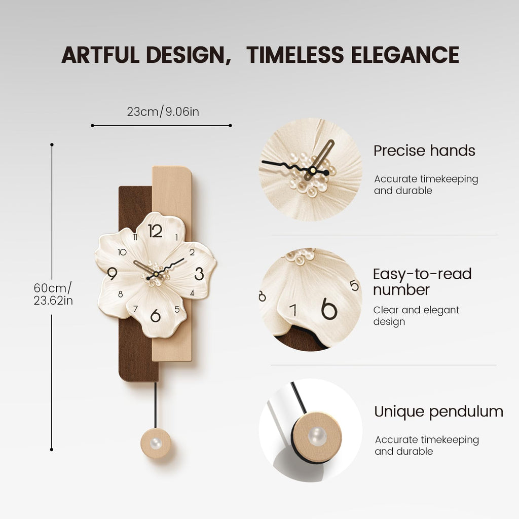 Flower Wall Clocks Battery Operated Decorative with Pendulum 9*24in, Beige